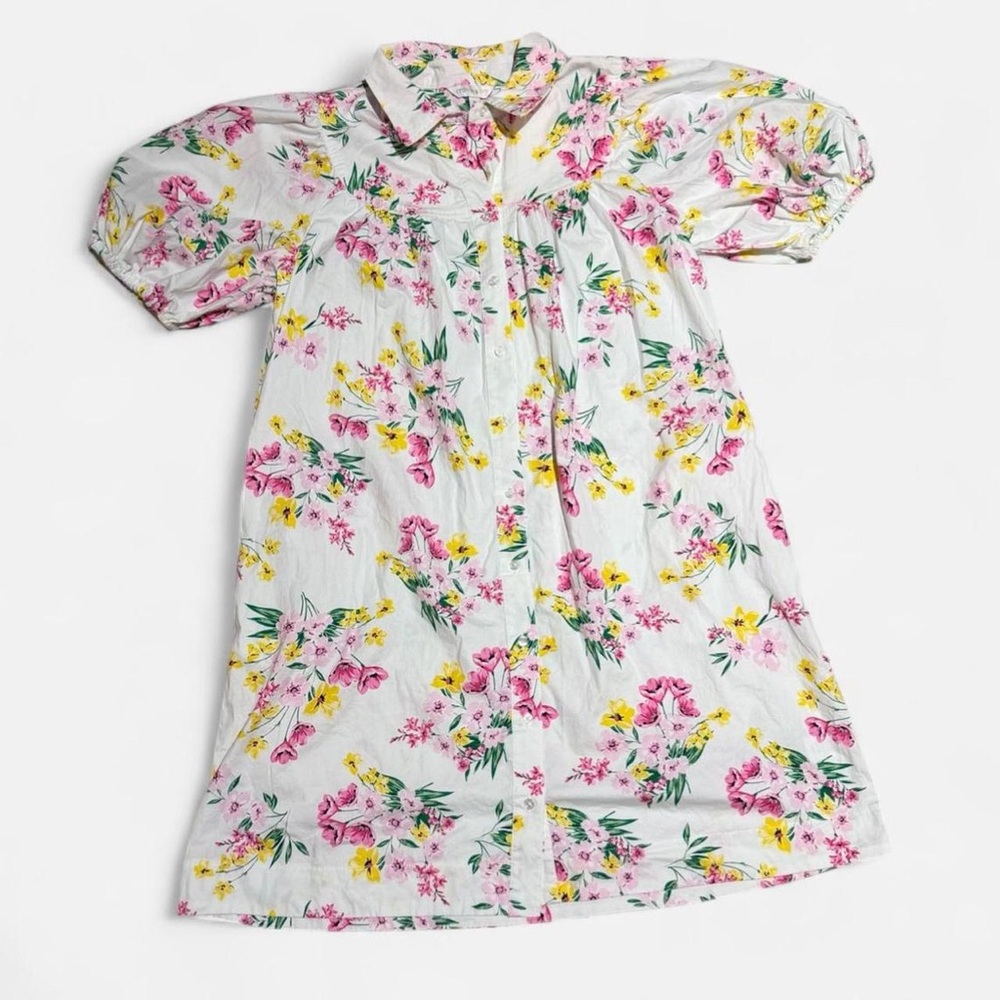 Crown & Ivy Flower Cotton Puff Sleeve Button A-Line Dress white pink Pockets - M